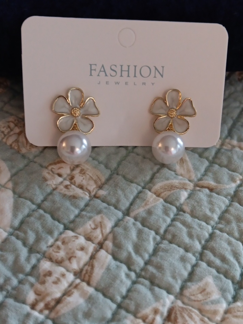 FASHION Jewelry White Enamel Flower Earrings with Gold Accents and Pearl Drops